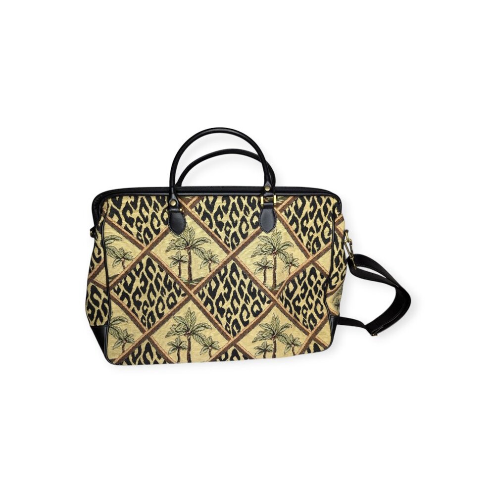Sharif Palm Tree & Leopard Print Travel Bag in Black, Tan, Gold - Picture 2 of 16
